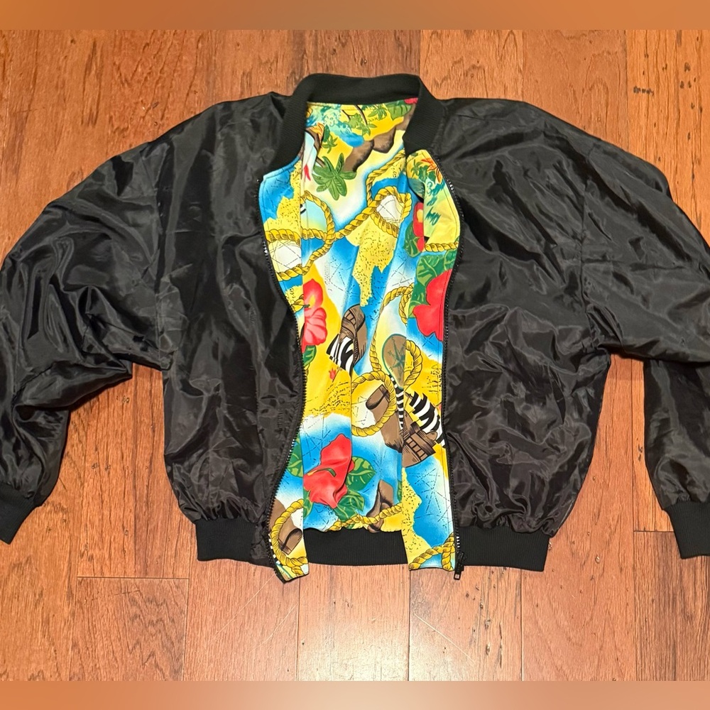 Vintage Notations Zip Up Bomber Jacket Medium